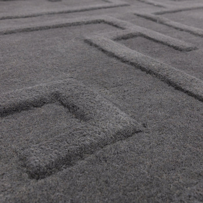 Maze Modern Geometric Hand-Carved Hi-Low Textured Wool Charcoal Grey Rug