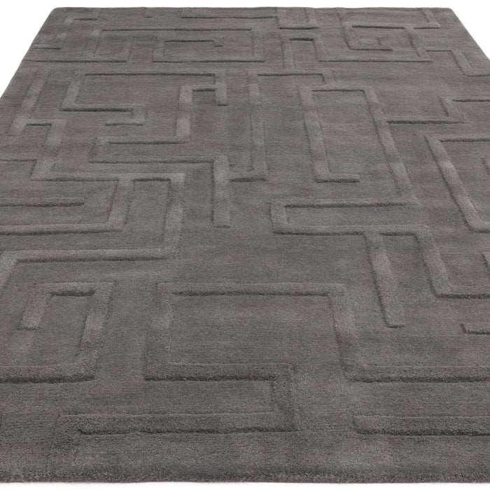 Maze Modern Geometric Hand-Carved Hi-Low Textured Wool Charcoal Grey Rug