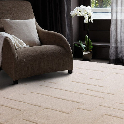 Maze Modern Geometric Hand-Carved Hi-Low Textured Wool Cream Rug
