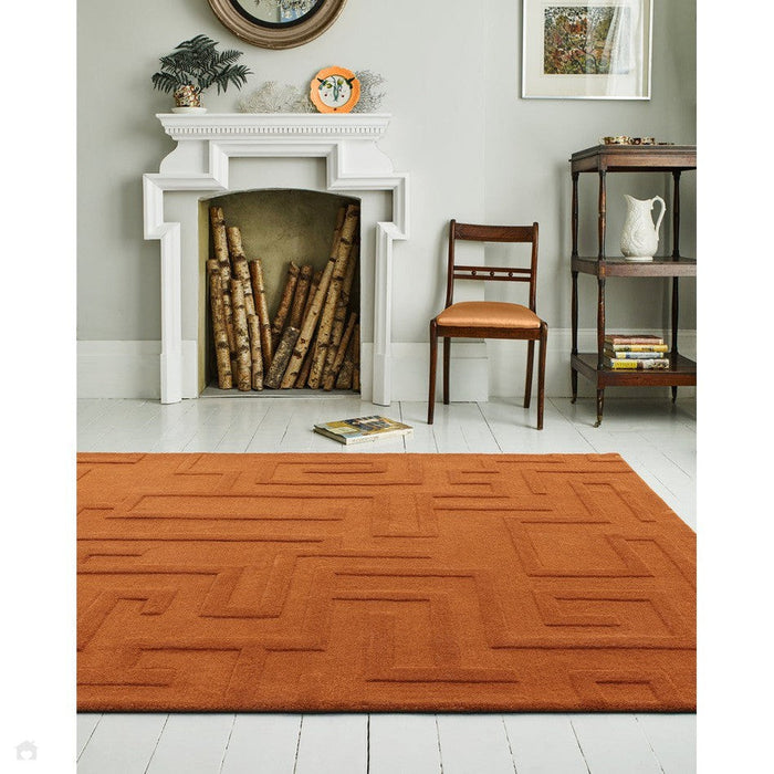 Maze Modern Geometric Hand-Carved Hi-Low Textured Wool Rust Rug