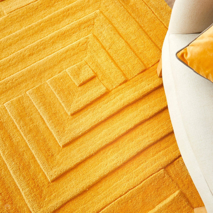 Maze Modern Geometric Plain Linear Hand Carved Wool 3D Hi-Low Ridged Ochre Rug