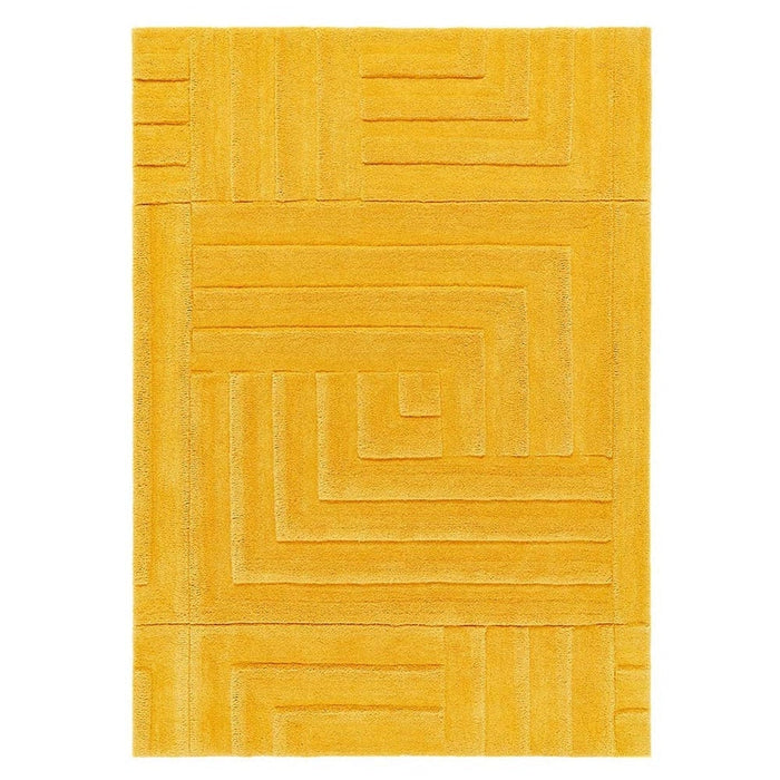 Maze Modern Geometric Plain Linear Hand Carved Wool 3D Hi-Low Ridged Ochre Rug