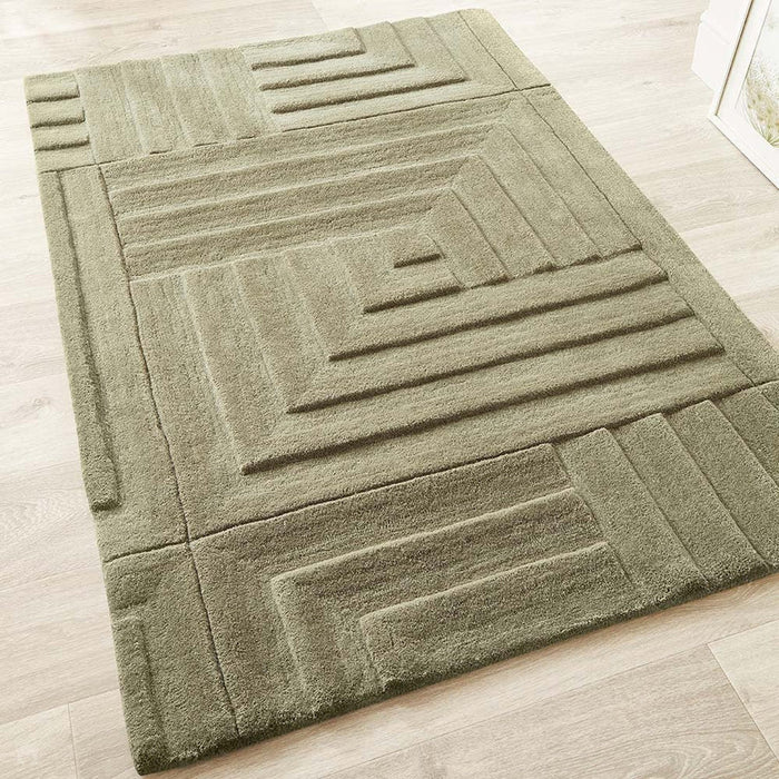 Maze Modern Geometric Plain Linear Hand Carved Wool 3D Hi-Low Ridged Olive Green Rug