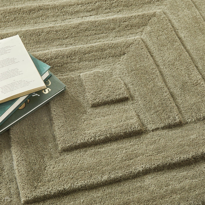 Maze Modern Geometric Plain Linear Hand Carved Wool 3D Hi-Low Ridged Olive Green Rug