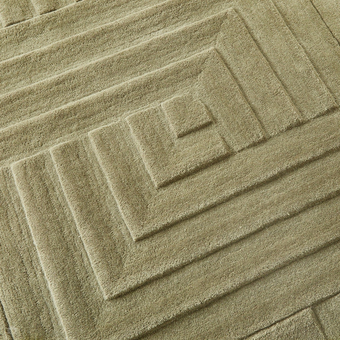 Maze Modern Geometric Plain Linear Hand Carved Wool 3D Hi-Low Ridged Olive Green Rug