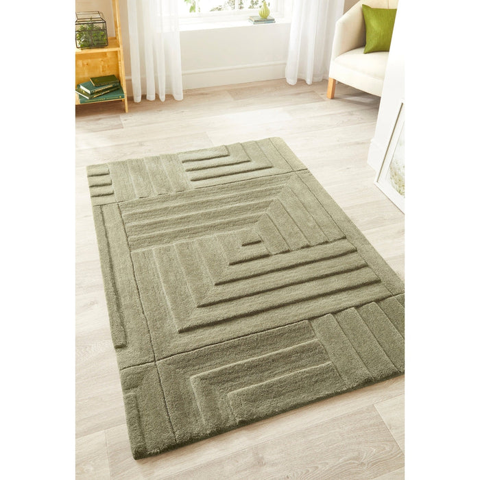 Maze Modern Geometric Plain Linear Hand Carved Wool 3D Hi-Low Ridged Olive Green Rug
