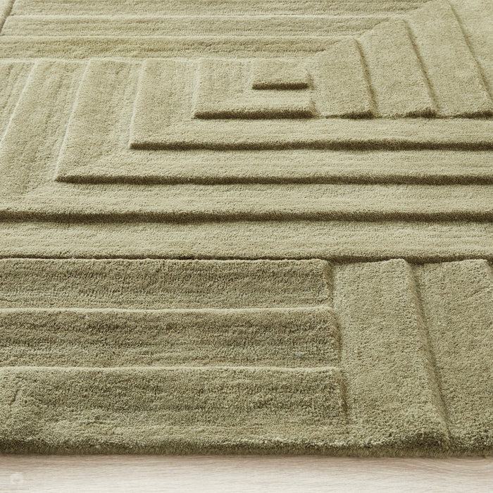 Maze Modern Geometric Plain Linear Hand Carved Wool 3D Hi-Low Ridged Olive Green Rug