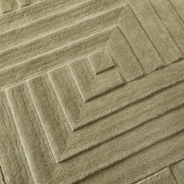 Maze Modern Geometric Plain Linear Hand Carved Wool 3D Hi-Low Ridged Olive Green Rug