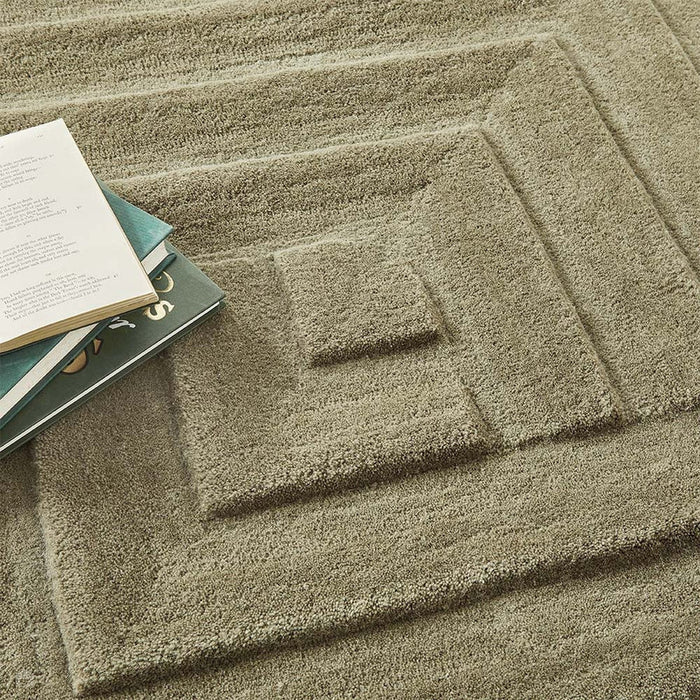 Maze Modern Geometric Plain Linear Hand Carved Wool 3D Hi-Low Ridged Olive Green Rug