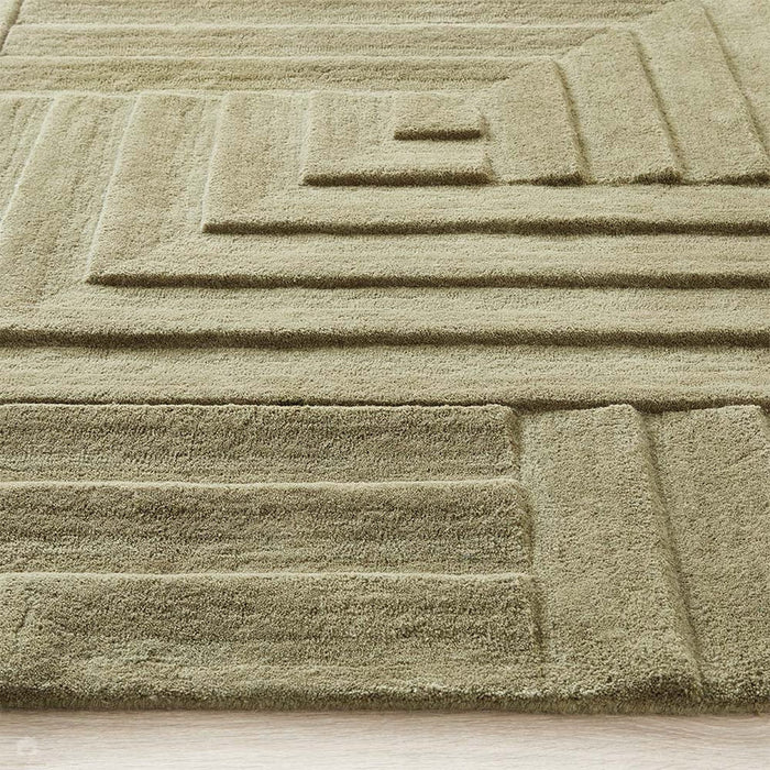 Maze Modern Geometric Plain Linear Hand Carved Wool 3D Hi-Low Ridged Olive Green Rug