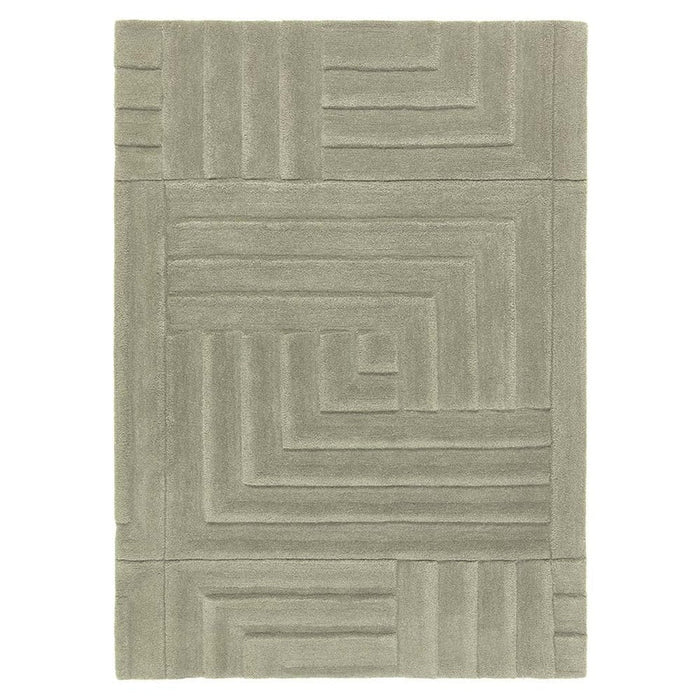 Maze Modern Geometric Plain Linear Hand Carved Wool 3D Hi-Low Ridged Olive Green Rug