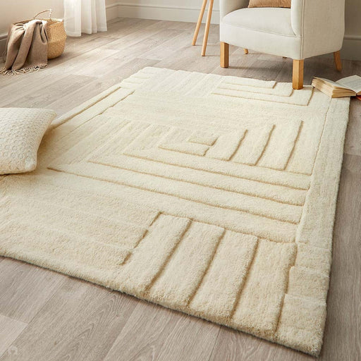 Maze Modern Geometric Plain Linear Hand Carved Wool 3D Hi-Low Ridged Pristine Natural Cream Rug