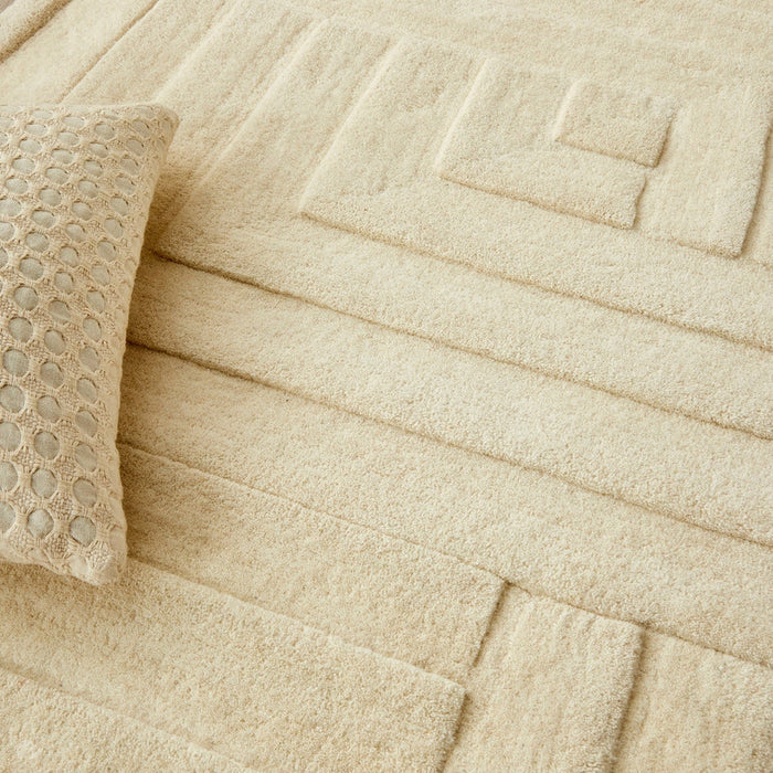 Maze Modern Geometric Plain Linear Hand Carved Wool 3D Hi-Low Ridged Pristine Natural Cream Rug