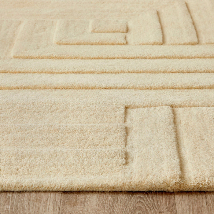 Maze Modern Geometric Plain Linear Hand Carved Wool 3D Hi-Low Ridged Pristine Natural Cream Rug