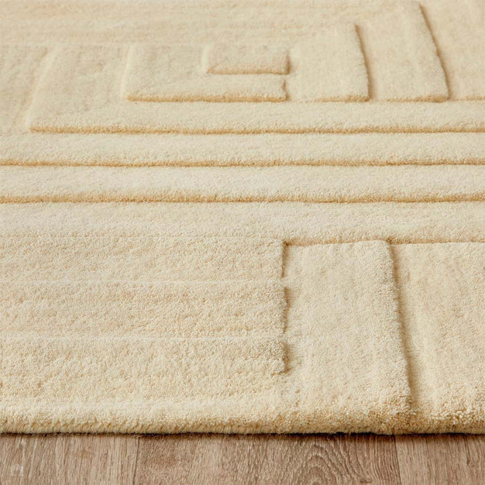 Maze Modern Geometric Plain Linear Hand Carved Wool 3D Hi-Low Ridged Pristine Natural Cream Rug