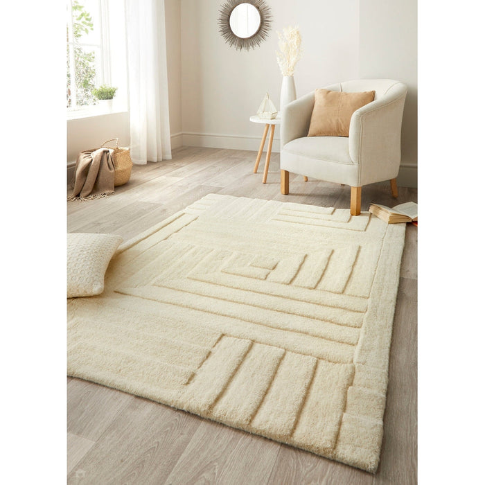 Maze Modern Geometric Plain Linear Hand Carved Wool 3D Hi-Low Ridged Pristine Natural Cream Rug