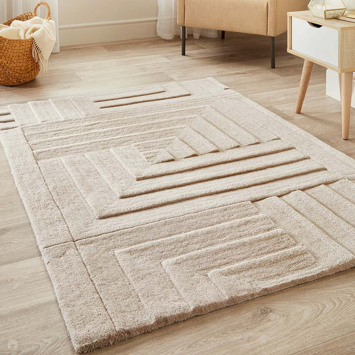 Maze Modern Geometric Plain Linear Hand Carved Wool 3D Hi-Low Ridged Pumice Stone Grey Rug