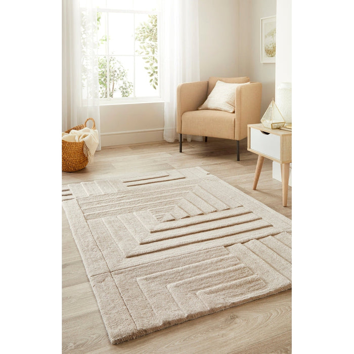 Maze Modern Geometric Plain Linear Hand Carved Wool 3D Hi-Low Ridged Pumice Stone Grey Rug
