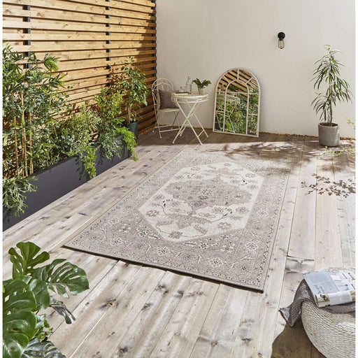 Miami 19517 Traditional Vintage Distressed Medallion Border Durable Stain-Resistant Weatherproof Flatweave In-Outdoor Grey/Beige Rug
