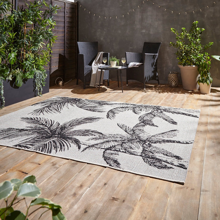 Miami A444 Botanical Floral Palm Trees Durable Stain-Resistant Weatherproof Flatweave In-Outdoor Cream/Black Rug