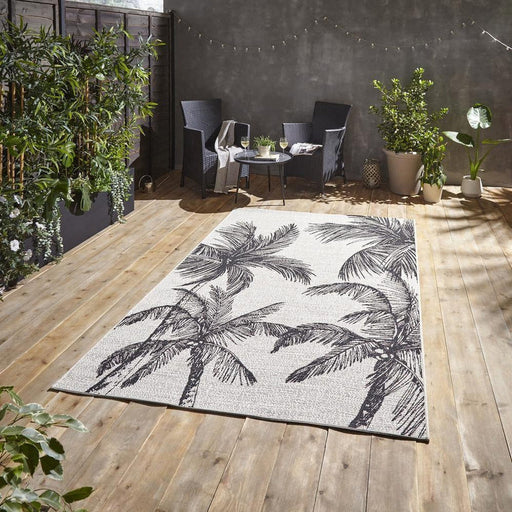 Miami A444 Botanical Floral Palm Trees Durable Stain-Resistant Weatherproof Flatweave In-Outdoor Cream/Black Rug