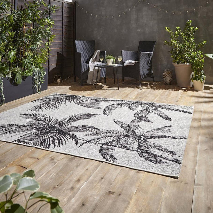 Miami A444 Botanical Floral Palm Trees Durable Stain-Resistant Weatherproof Flatweave In-Outdoor Cream/Black Rug