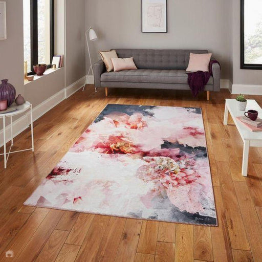 Michelle Collins FLOO24 Modern Abstract Printed Smooth Soft-Touch Polyester Flat-Pile Flatweave Rose/Black Rug