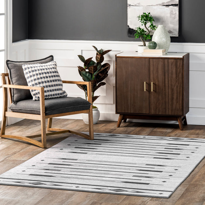 Milania Bars Machine Washable Indoor Outdoor Rug Light Grey