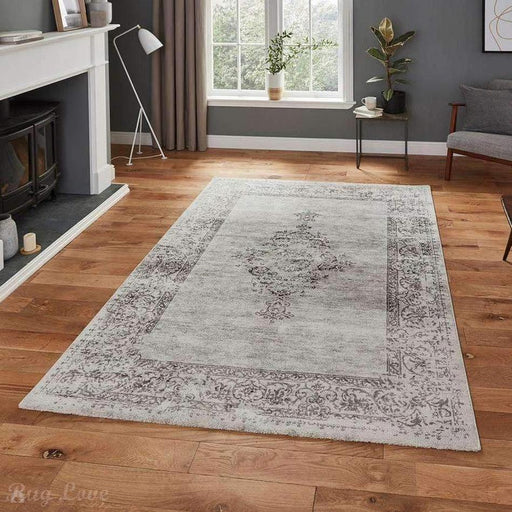 Milano N9695 Traditional Moroccan Vintage Distressed Medallion Border Soft-Touch Grey Rug