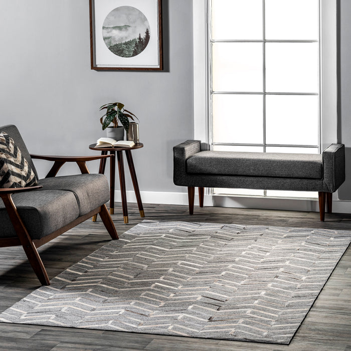 Miriam Grey Leather Herringbone Area Rug 152x244 cm