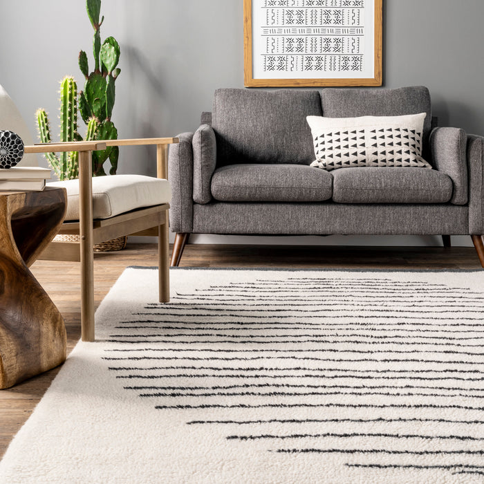 Mona Washable Wool Rug 160x230 cm Ivory Pinstriped Design