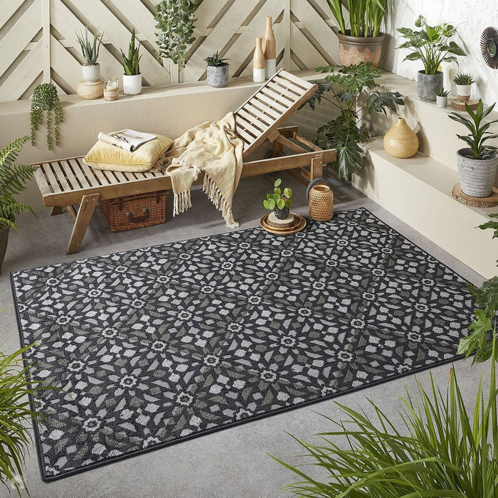 Monaco Mosaic Modern Durable Stain-Resistant Weatherproof Flatweave In-Outdoor Charcoal/Grey Rug