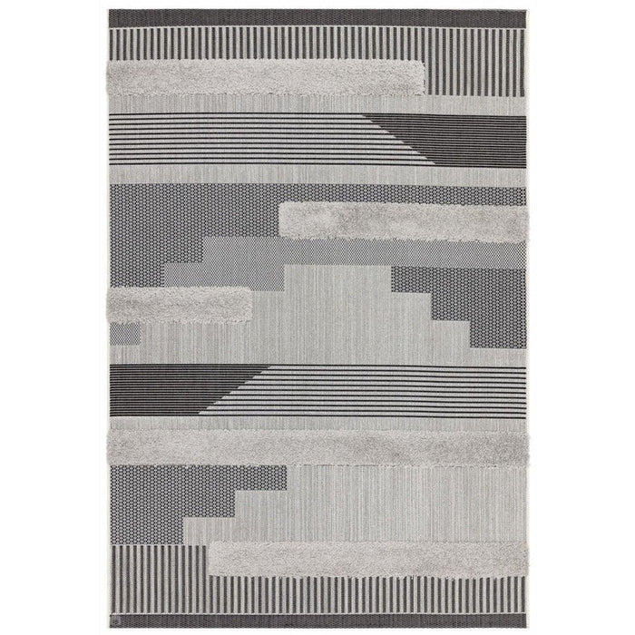 Monty MN05 Geometric Modern Durable Stain-Resistant Weatherproof Flatweave In-Outdoor Black/Grey Rug