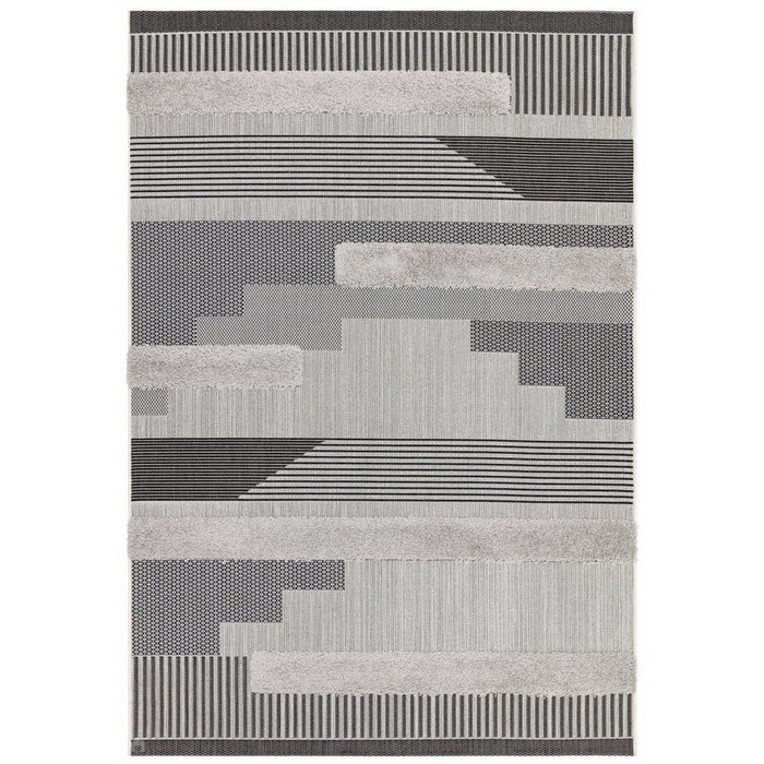 Monty MN05 Geometric Modern Durable Stain-Resistant Weatherproof Flatweave In-Outdoor Black/Grey Rug