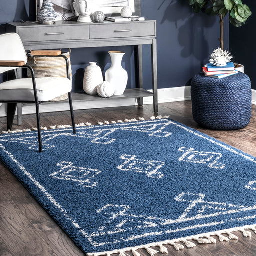 Tappeto marocchino a pelo lungo con nappe e diamanti blu, 120x180 cm