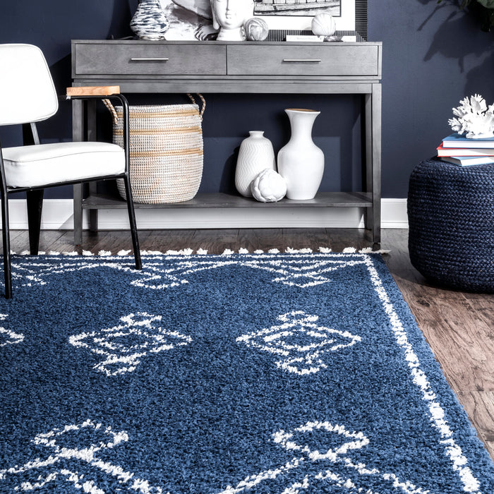 Tappeto marocchino a pelo lungo con nappe e diamanti blu, 120x180 cm