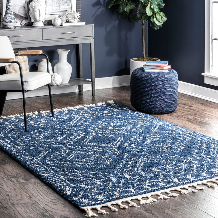 Tappeto marocchino blu con nappe 150x240 cm