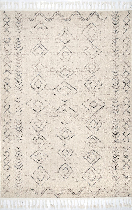 Moroccan Diamond Pattern Tassel Area Rug in Ivory