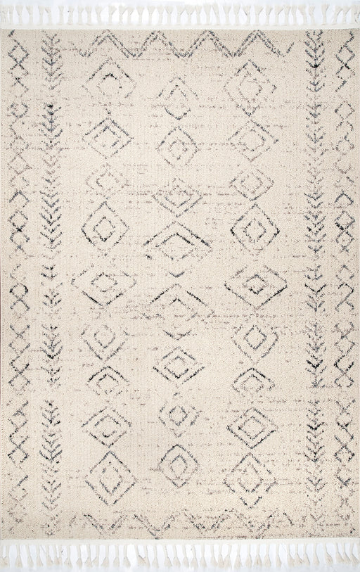 Moroccan Diamond Pattern Tassel Area Rug in Ivory