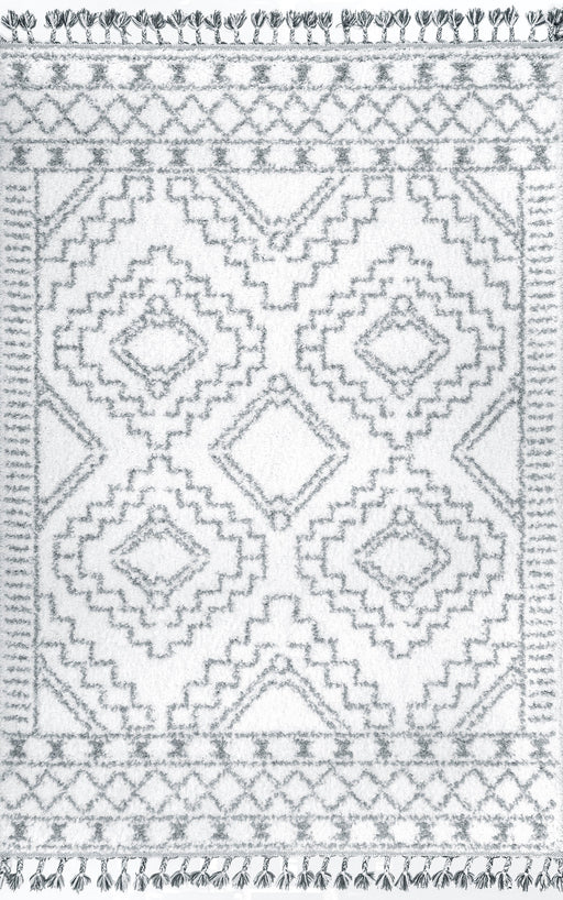 Moroccan Shag Area Rug With Tassels In White