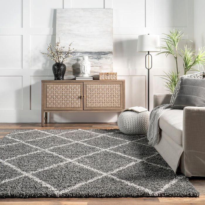 Moroccan Shag Lattice Area Rug in Grey