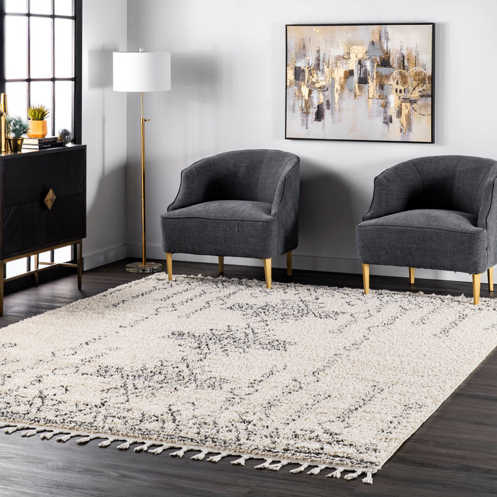 Moroccan Tribal Tassel Area Rug 140cm Off White