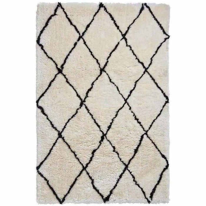 Morocco 2491 Super-Plush Moroccan Berber Diamond Hand-Made Super-Soft Fine Yarn Polyester Boho Shaggy Ivory/Black Rug