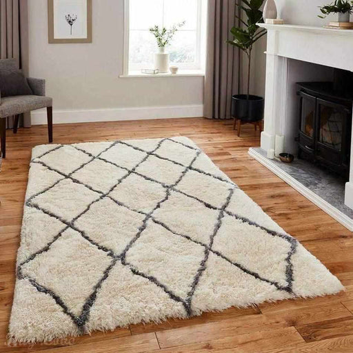 Morocco 2491 Super-Plush Moroccan Berber Diamond Hand-Made Super-Soft Fine Yarn Polyester Boho Shaggy Ivory/Grey Rug