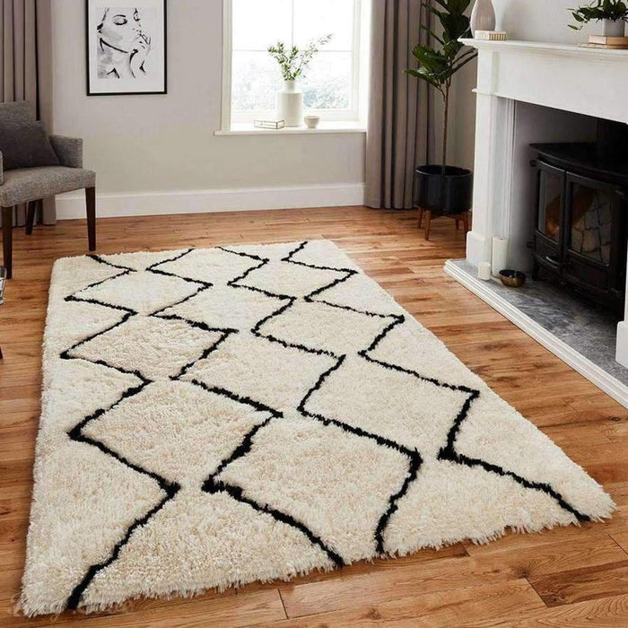 Morocco 3742 Super-Plush Moroccan Berber Zig Zag Hand-Made Super-Soft Fine Yarn Polyester Boho Shaggy Ivory/Black Rug