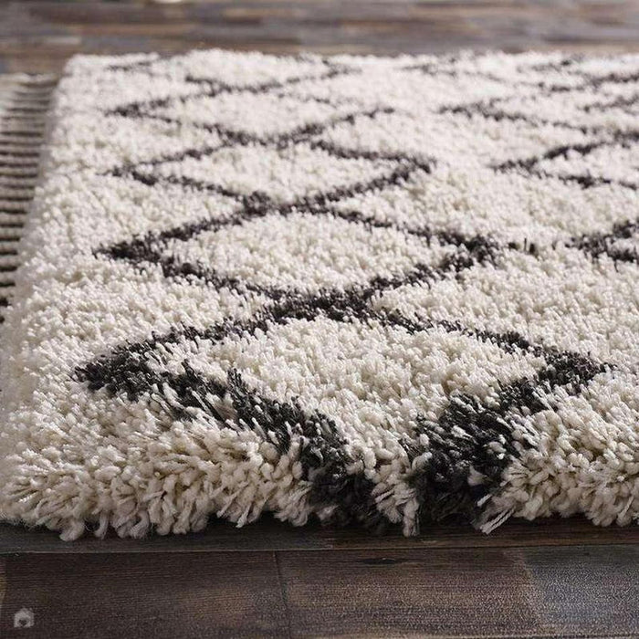 Morocco Modern Moroccan Berber Geometric Plush Soft Boho Shaggy Tassel Ivory/Charcoal Rug