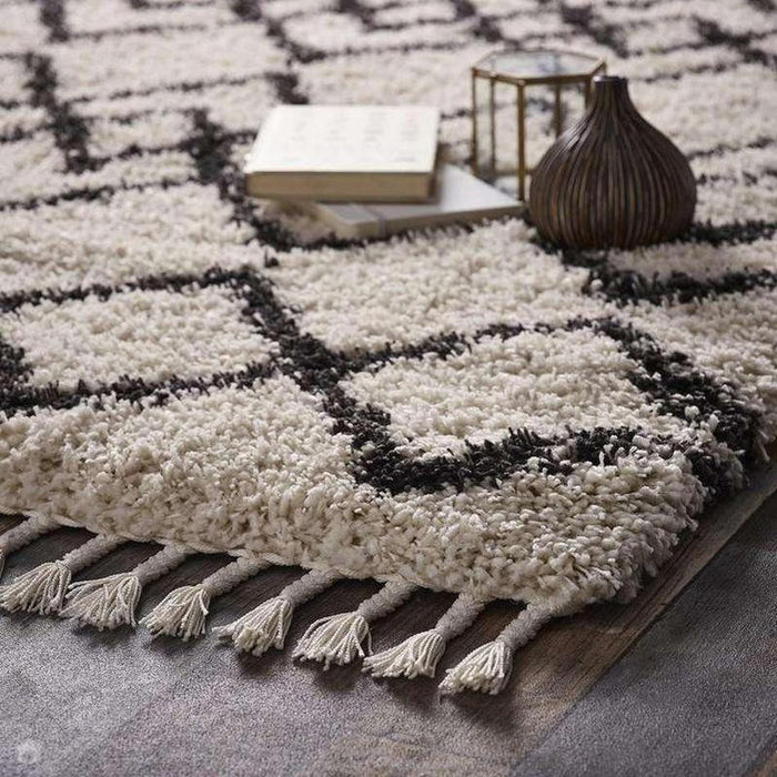 Morocco Modern Moroccan Berber Geometric Plush Soft Boho Shaggy Tassel Ivory/Charcoal Rug