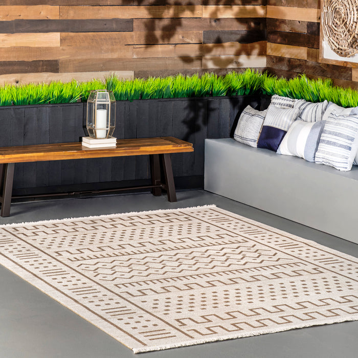 Native Beige Area Rug With Tassels For Indoor Outdoor Use