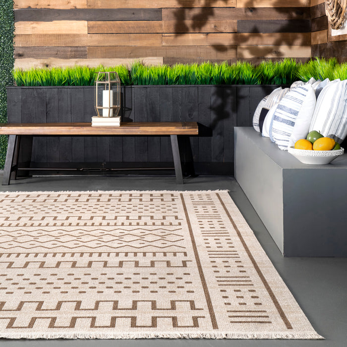 Native Beige Area Rug With Tassels For Indoor Outdoor Use