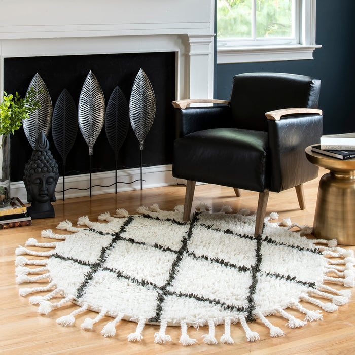 Natural Wool Shag Rug with Grey Diamond Pattern 150x200 cm